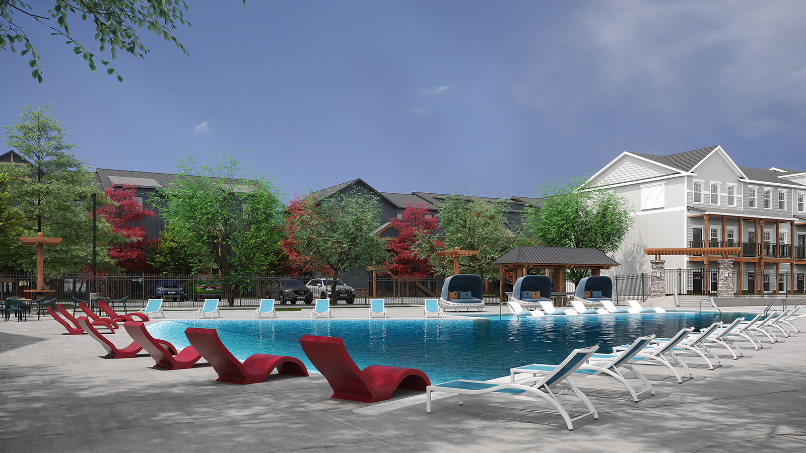 Resort style pool surrounded by lounge chairs