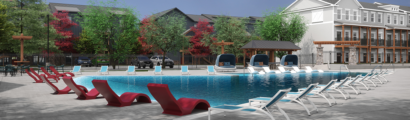 Resort style pool surrounded by lounge chairs