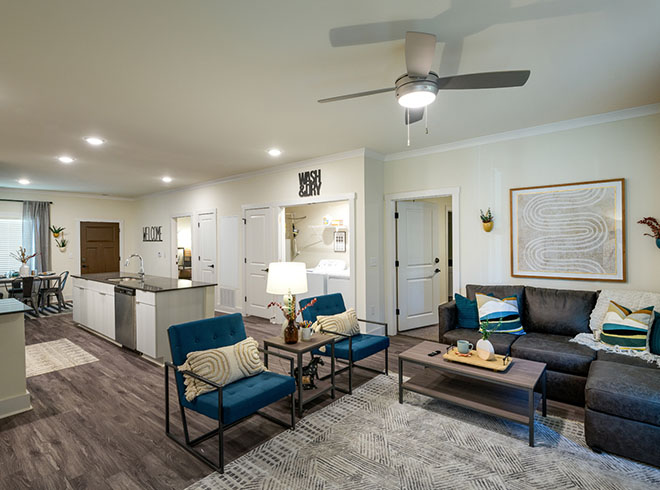 Furnished apartment living space featuring an open floor plan