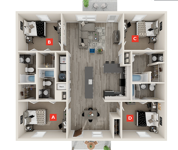 Woodbury Flat A - 4x4 Floor plan